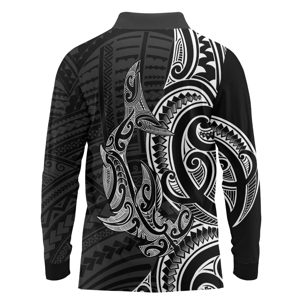 New Zealand Hammerhead Shark Long Sleeve Polo Shirt Maori Haehae Mangopare Black - Aussie Hoodie