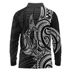 New Zealand Hammerhead Shark Long Sleeve Polo Shirt Maori Haehae Mangopare Black - Aussie Hoodie