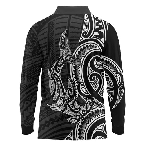 New Zealand Hammerhead Shark Long Sleeve Polo Shirt Maori Haehae Mangopare Black - Aussie Hoodie
