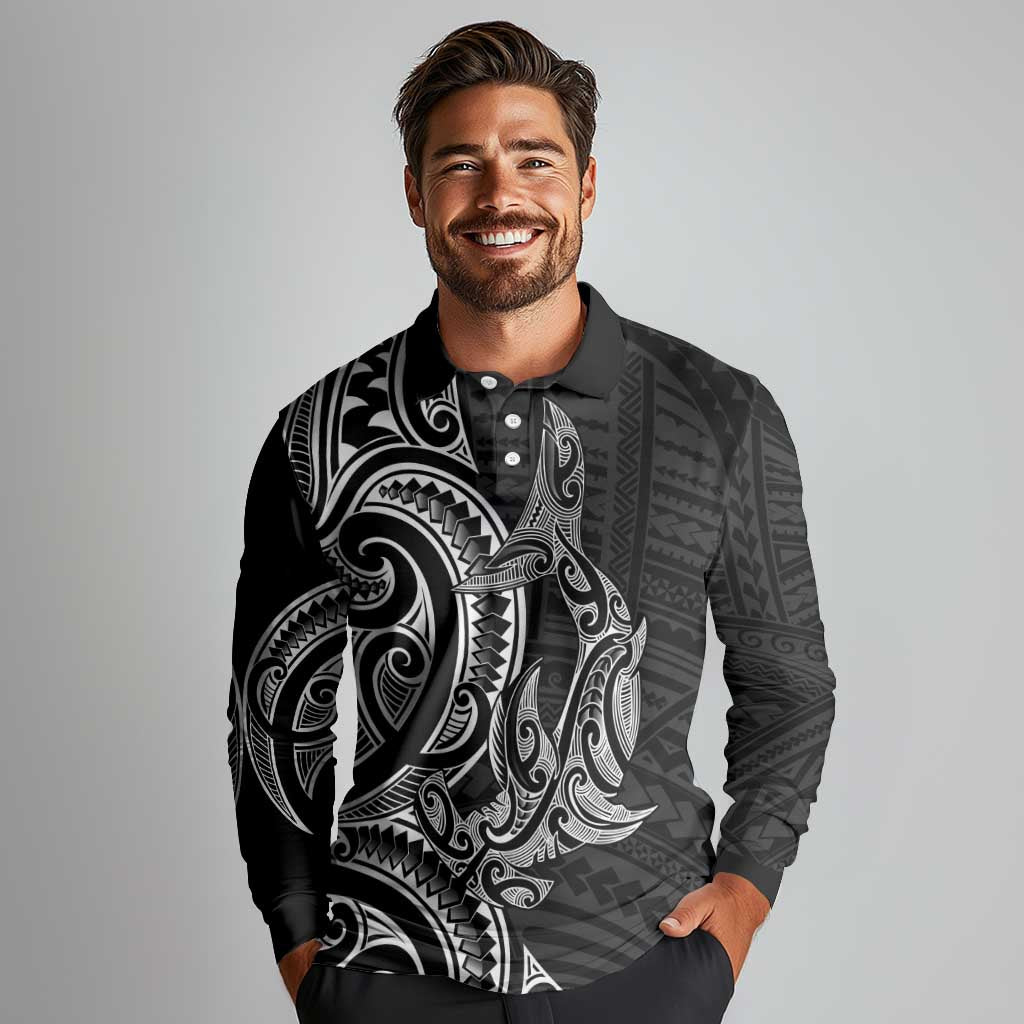 New Zealand Hammerhead Shark Long Sleeve Polo Shirt Maori Haehae Mangopare Black - Aussie Hoodie