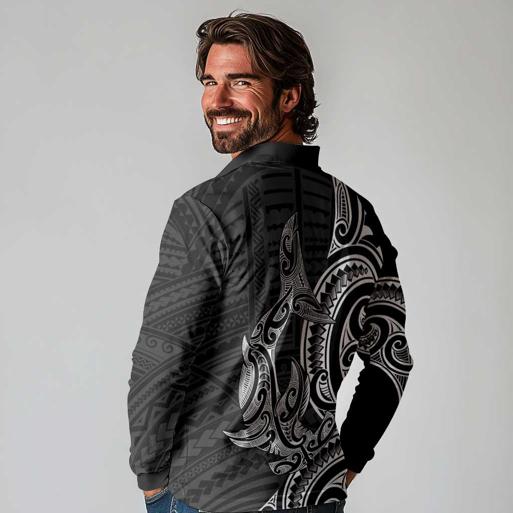New Zealand Hammerhead Shark Long Sleeve Polo Shirt Maori Haehae Mangopare Black - Aussie Hoodie