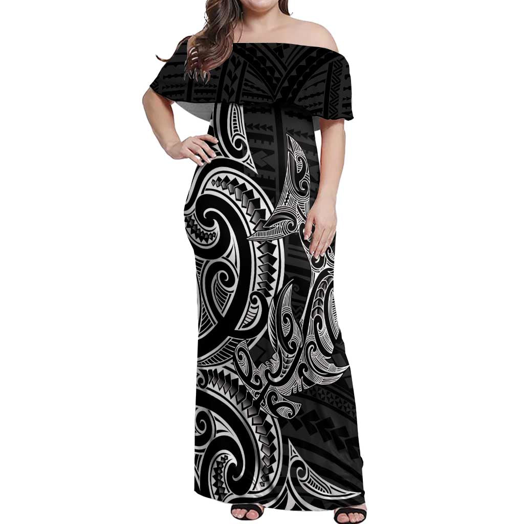 New Zealand Hammerhead Shark Off Shoulder Maxi Dress Maori Haehae Mangopare Black - Aussie Hoodie