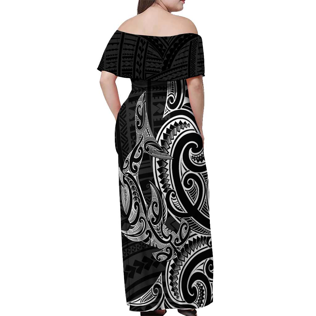 New Zealand Hammerhead Shark Off Shoulder Maxi Dress Maori Haehae Mangopare Black - Aussie Hoodie