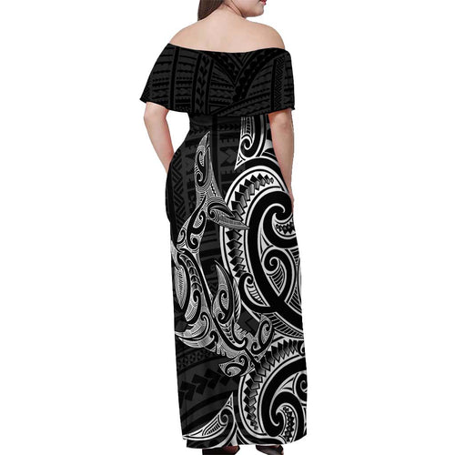 New Zealand Hammerhead Shark Off Shoulder Maxi Dress Maori Haehae Mangopare Black - Aussie Hoodie