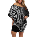 New Zealand Hammerhead Shark Off Shoulder Short Dress Maori Haehae Mangopare Black - Aussie Hoodie