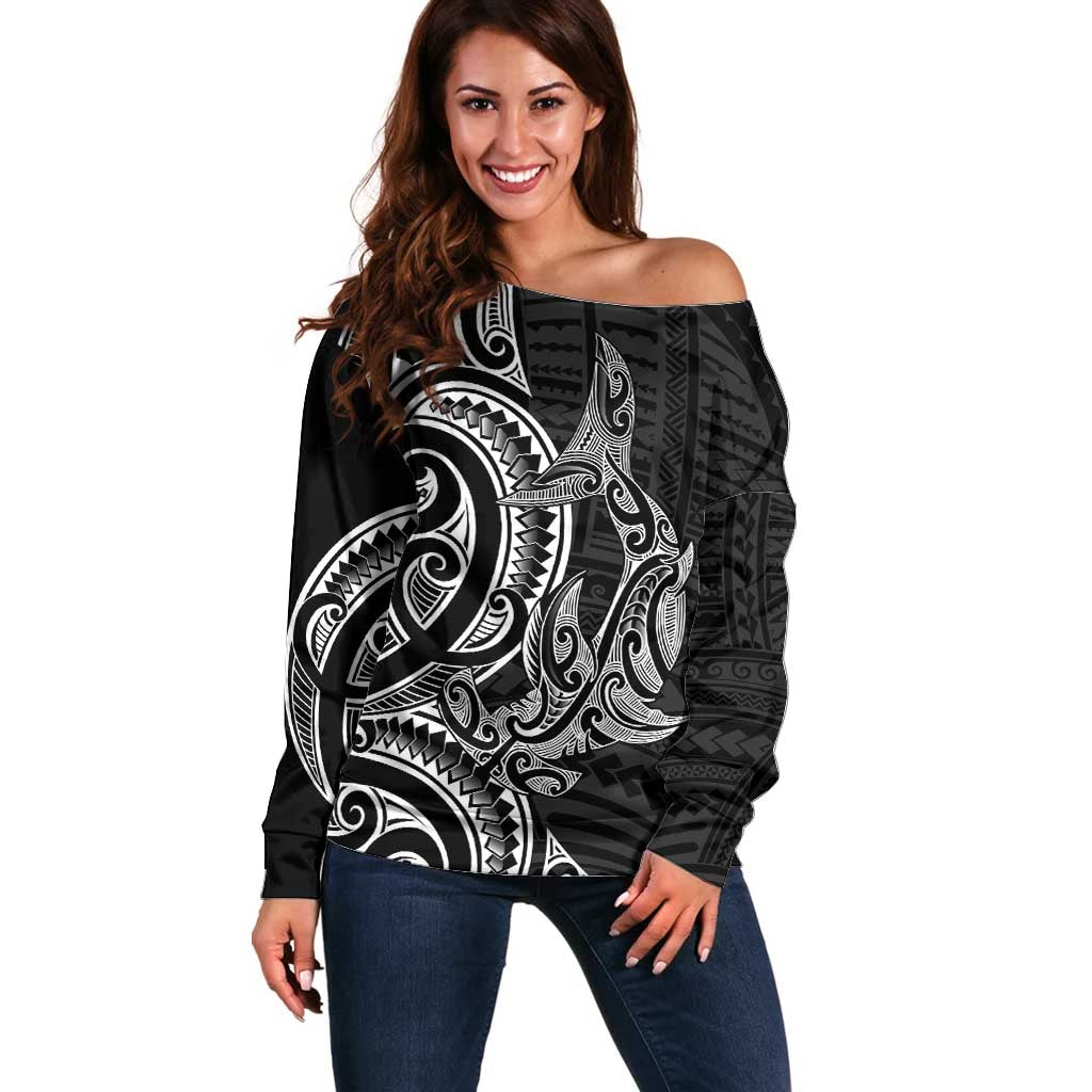 New Zealand Hammerhead Shark Off Shoulder Sweater Maori Haehae Mangopare Black - Aussie Hoodie