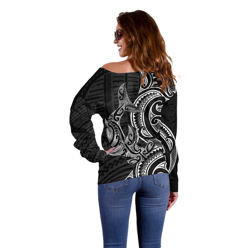 New Zealand Hammerhead Shark Off Shoulder Sweater Maori Haehae Mangopare Black - Aussie Hoodie