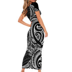 New Zealand Hammerhead Shark Short Sleeve Bodycon Dress Maori Haehae Mangopare Black - Aussie Hoodie