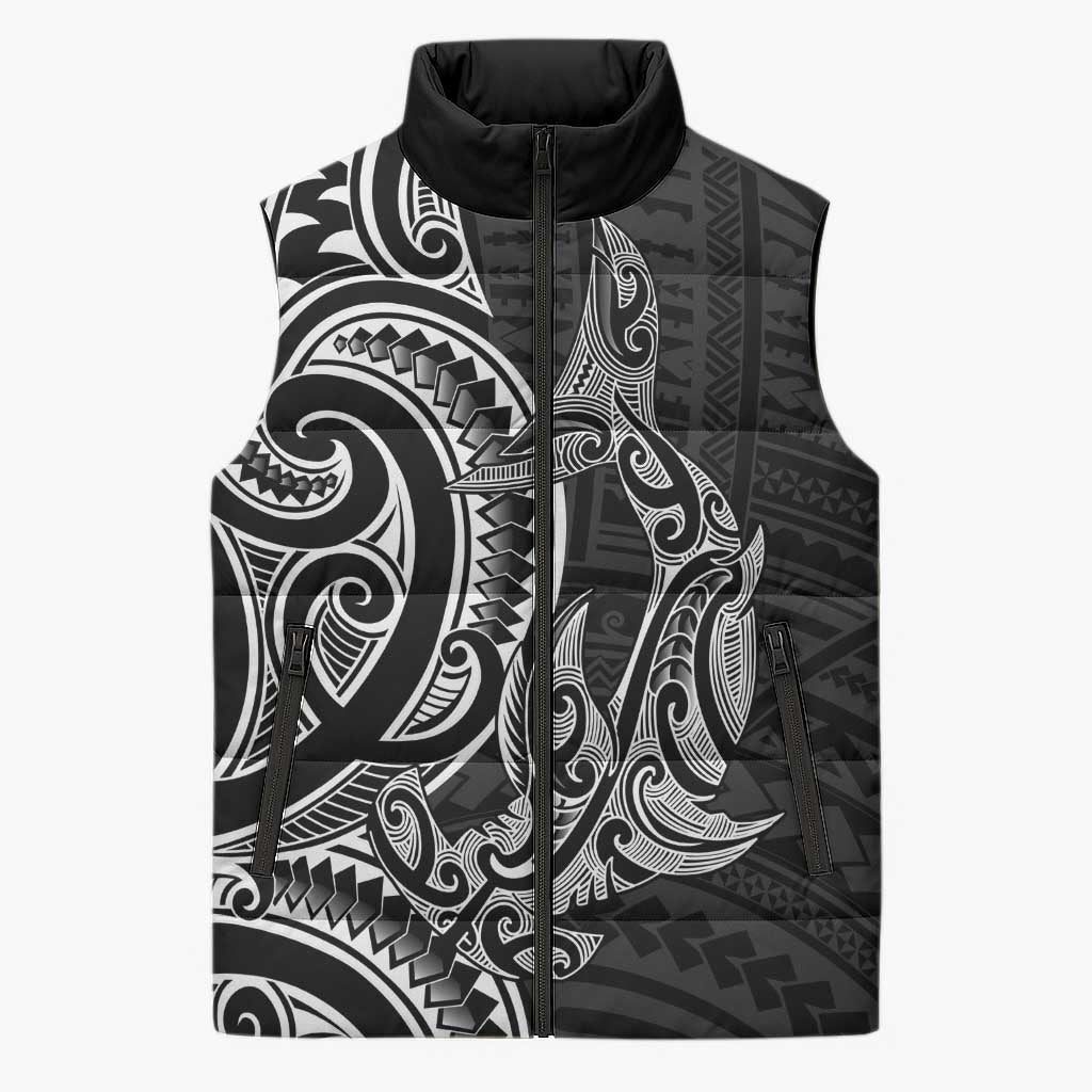 New Zealand Hammerhead Shark Sleeveless Puffer Jacket Maori Haehae Mangopare Black - Aussie Hoodie