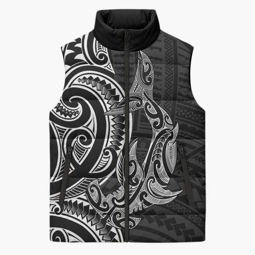 New Zealand Hammerhead Shark Sleeveless Puffer Jacket Maori Haehae Mangopare Black - Aussie Hoodie