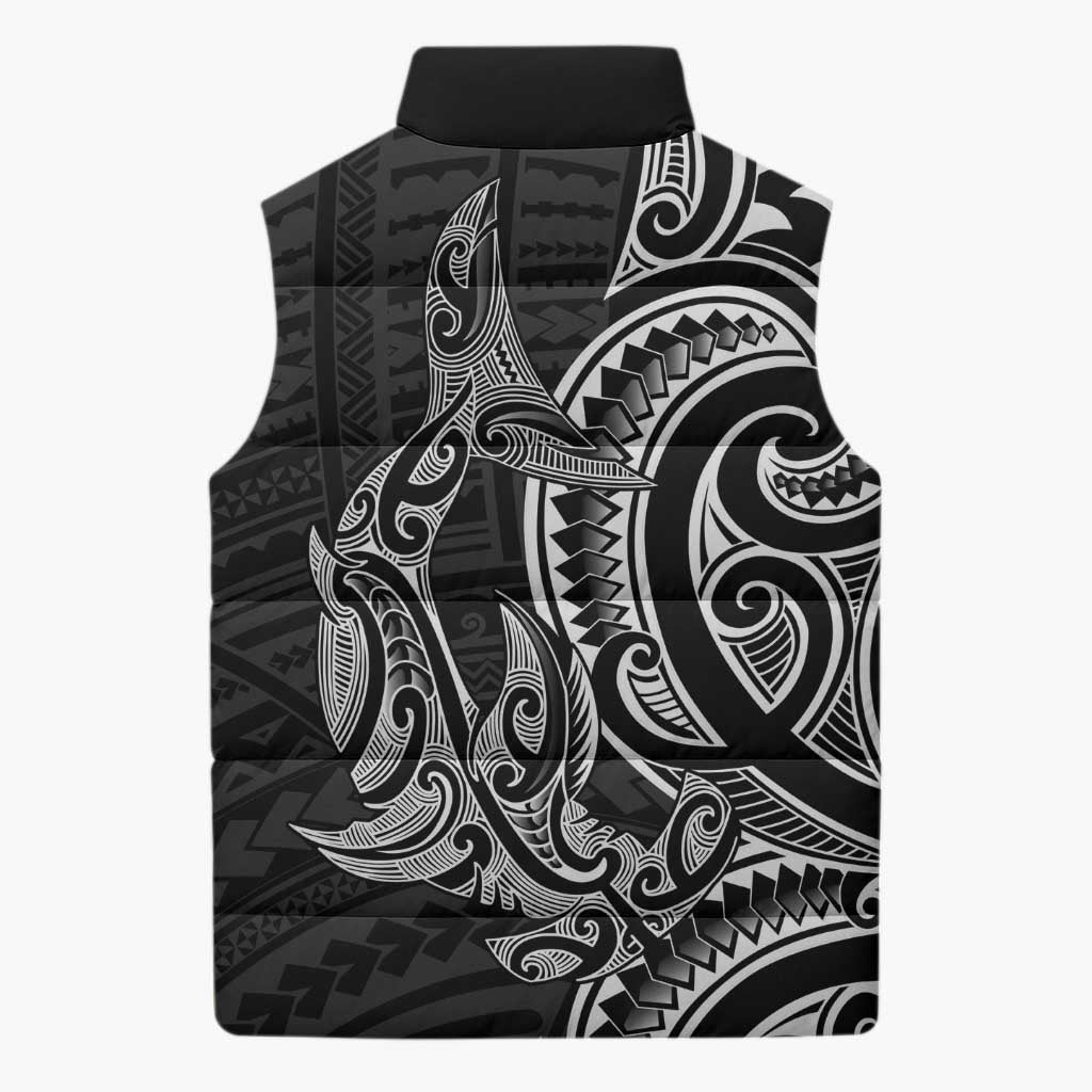 New Zealand Hammerhead Shark Sleeveless Puffer Jacket Maori Haehae Mangopare Black - Aussie Hoodie