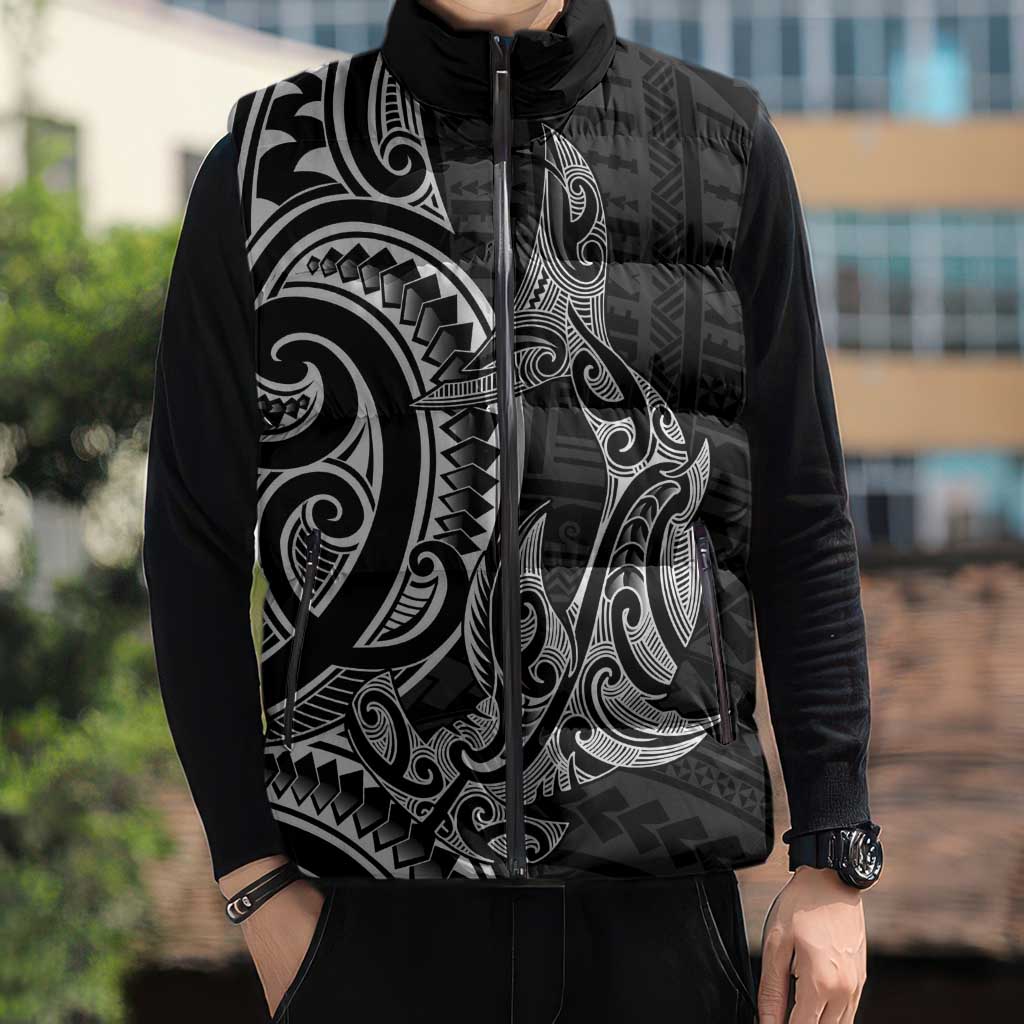 New Zealand Hammerhead Shark Sleeveless Puffer Jacket Maori Haehae Mangopare Black - Aussie Hoodie
