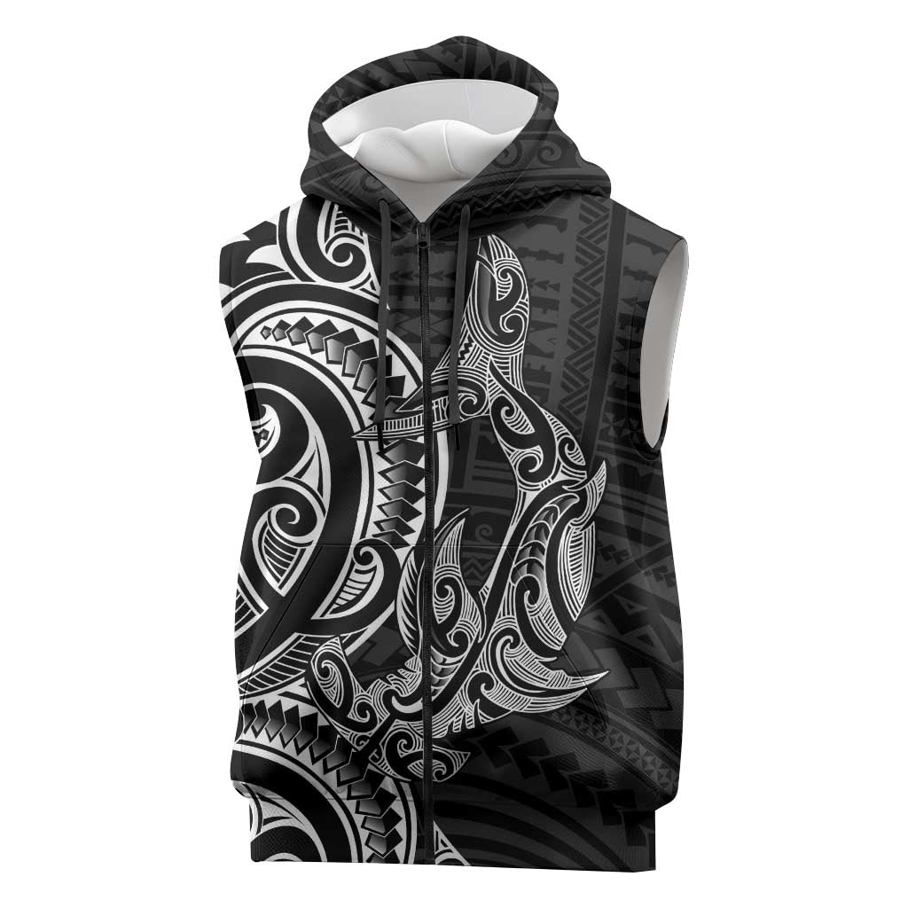 New Zealand Hammerhead Shark Sleeveless Zip Hoodie Maori Haehae Mangopare Black LT14