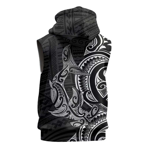 New Zealand Hammerhead Shark Sleeveless Zip Hoodie Maori Haehae Mangopare Black LT14
