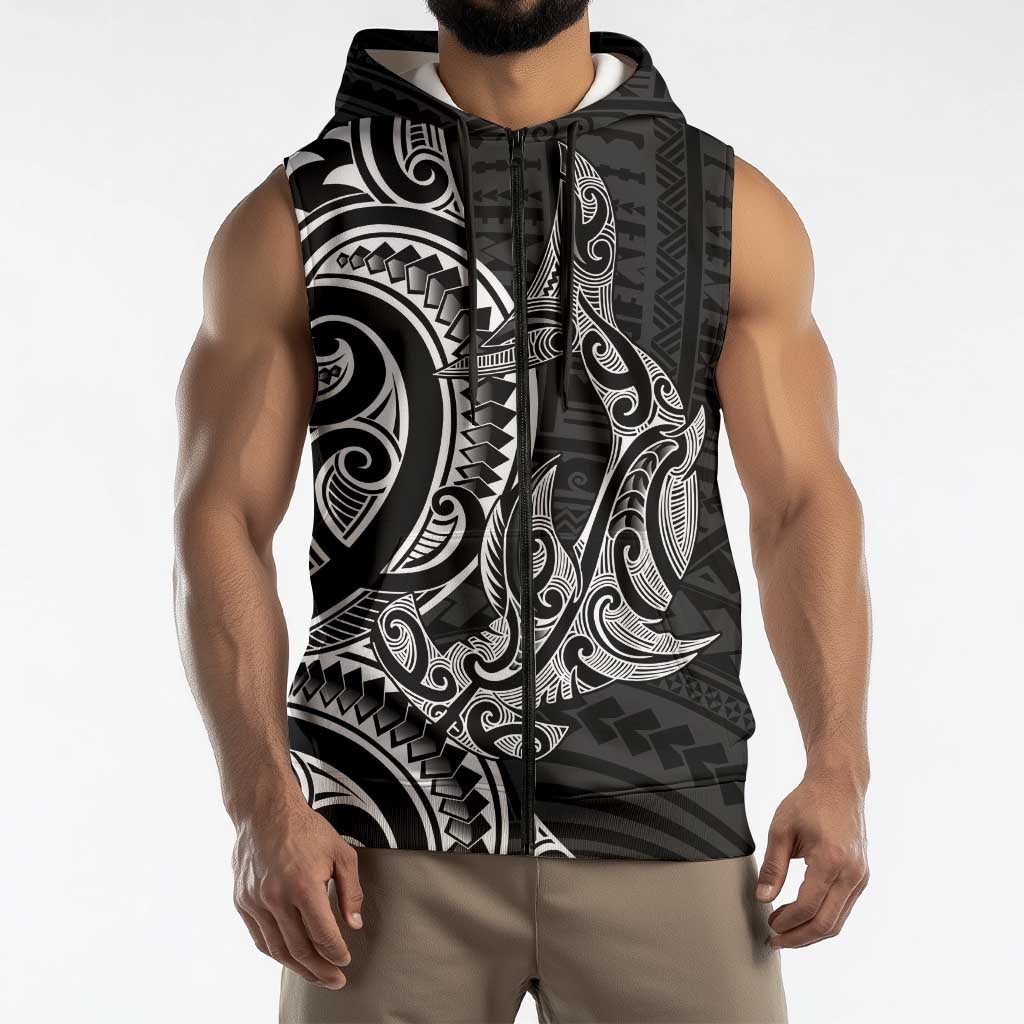 New Zealand Hammerhead Shark Sleeveless Zip Hoodie Maori Haehae Mangopare Black LT14