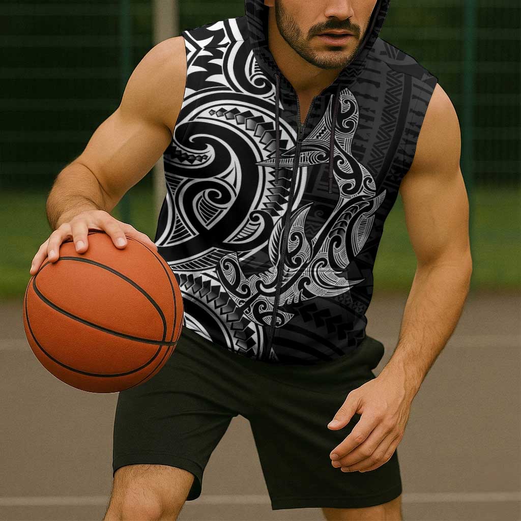 New Zealand Hammerhead Shark Sleeveless Zip Hoodie Maori Haehae Mangopare Black LT14
