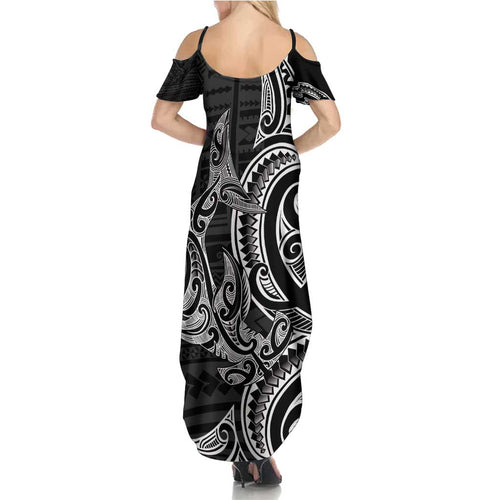 New Zealand Hammerhead Shark Summer Maxi Dress Maori Haehae Mangopare Black - Aussie Hoodie