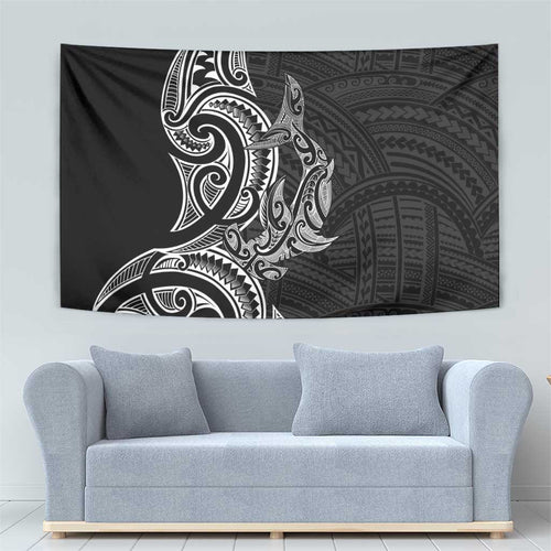 New Zealand Hammerhead Shark Tapestry Maori Haehae Mangopare Black - Aussie Hoodie