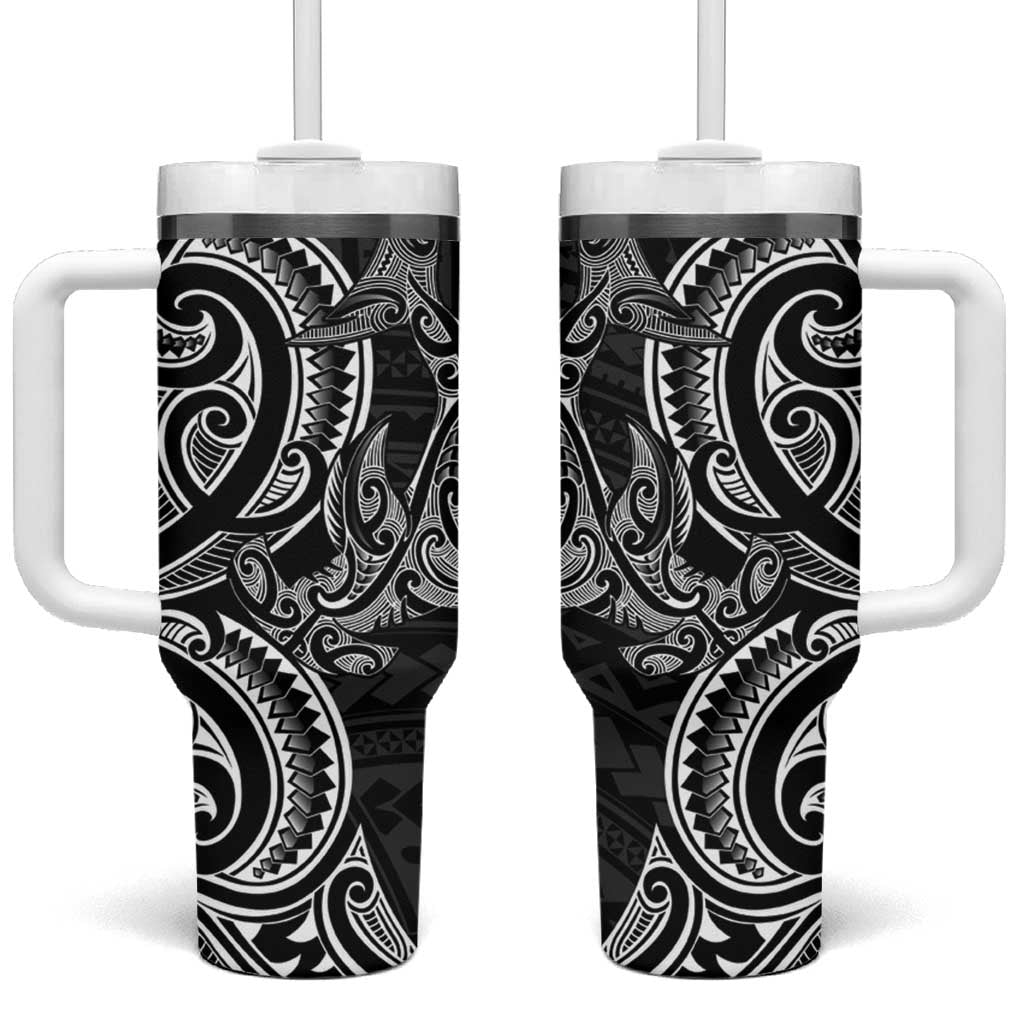 New Zealand Hammerhead Shark Tumbler With Handle Maori Haehae Mangopare Black - Aussie Hoodie