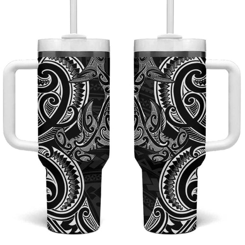 New Zealand Hammerhead Shark Tumbler With Handle Maori Haehae Mangopare Black - Aussie Hoodie