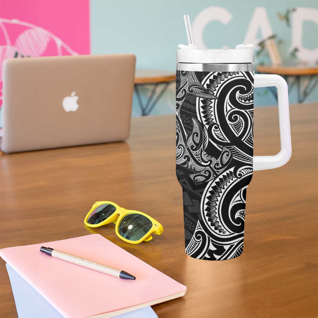 New Zealand Hammerhead Shark Tumbler With Handle Maori Haehae Mangopare Black - Aussie Hoodie