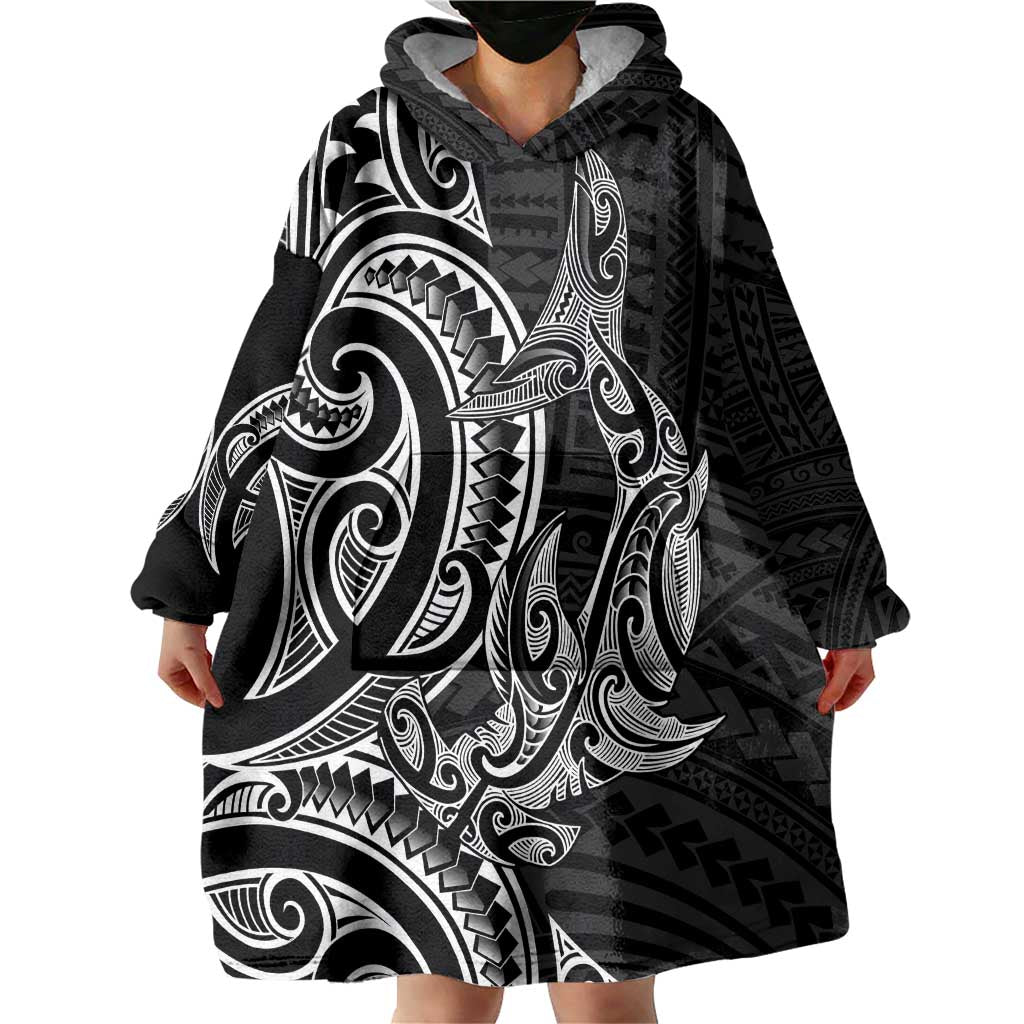 New Zealand Hammerhead Shark Wearable Blanket Hoodie Maori Haehae Mangopare Black - Aussie Hoodie
