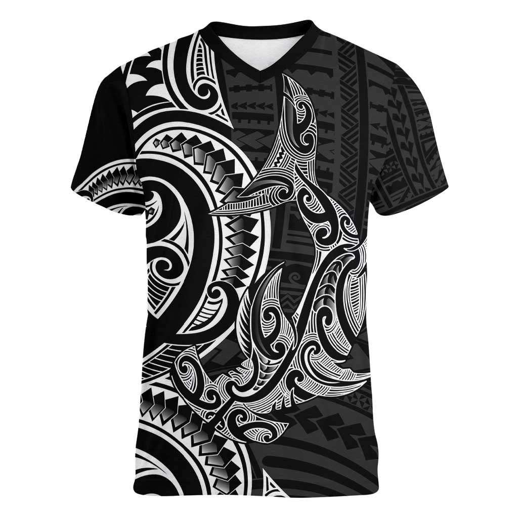 New Zealand Hammerhead Shark Women V-Neck T-Shirt Maori Haehae Mangopare Black - Aussie Hoodie