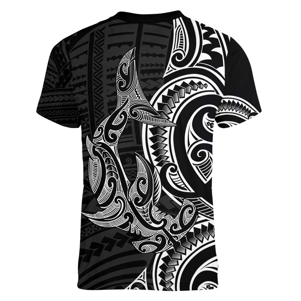 New Zealand Hammerhead Shark Women V-Neck T-Shirt Maori Haehae Mangopare Black - Aussie Hoodie