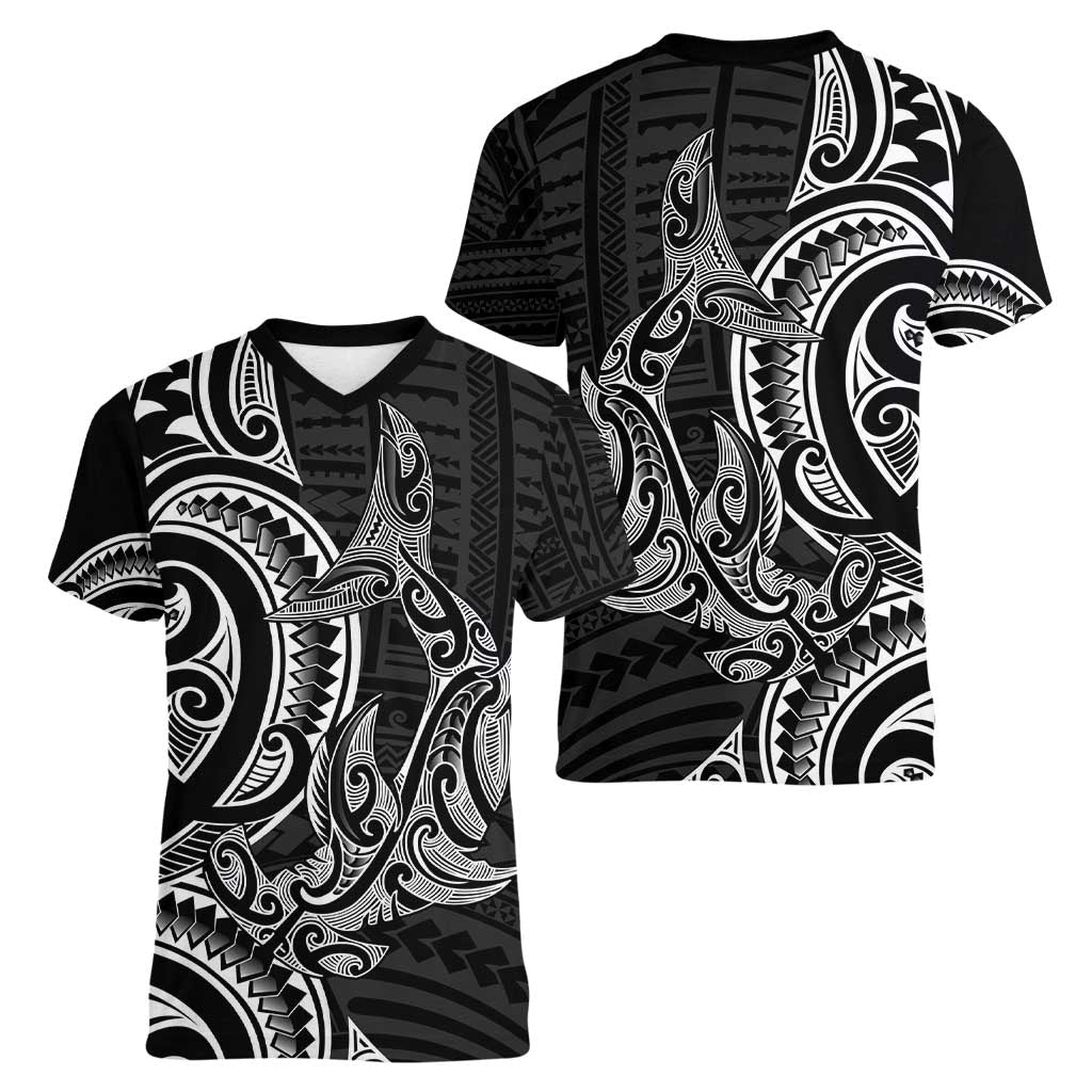 New Zealand Hammerhead Shark Women V-Neck T-Shirt Maori Haehae Mangopare Black - Aussie Hoodie