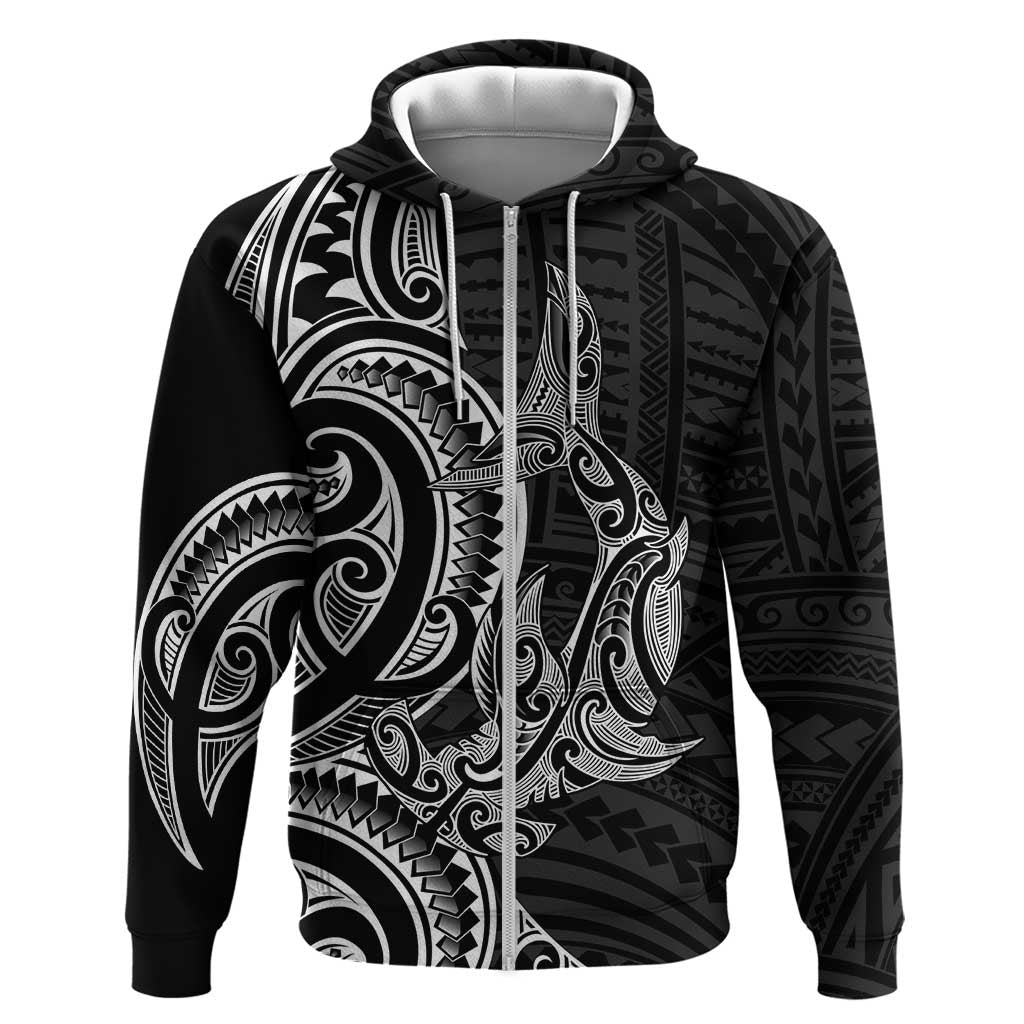 New Zealand Hammerhead Shark Zip Hoodie Maori Haehae Mangopare Black - Aussie Hoodie