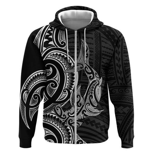 New Zealand Hammerhead Shark Zip Hoodie Maori Haehae Mangopare Black - Aussie Hoodie