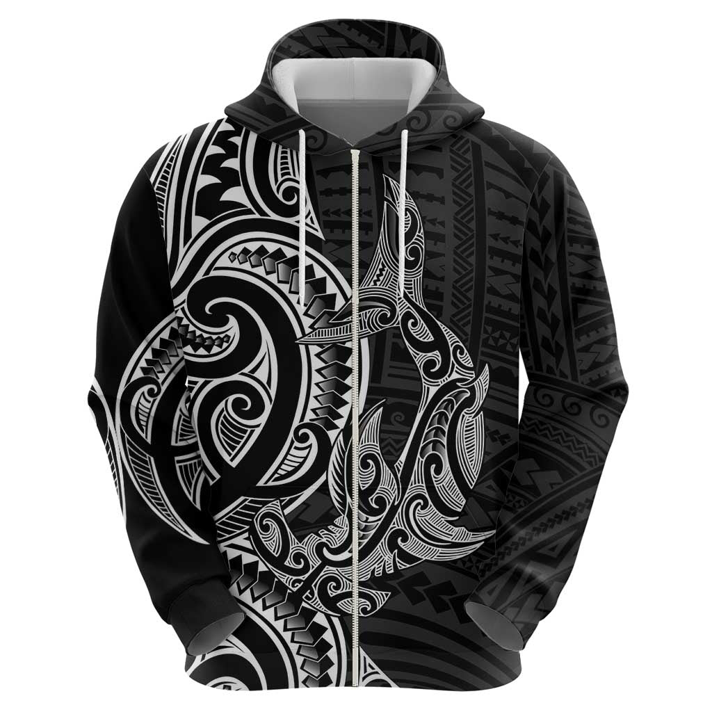 New Zealand Hammerhead Shark Zip Hoodie Maori Haehae Mangopare Black - Aussie Hoodie