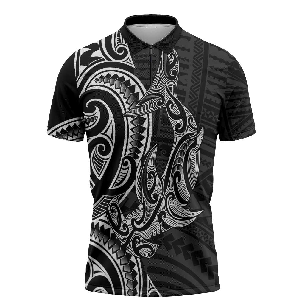 New Zealand Hammerhead Shark Zipper Polo Shirt Maori Haehae Mangopare Black - Aussie Hoodie