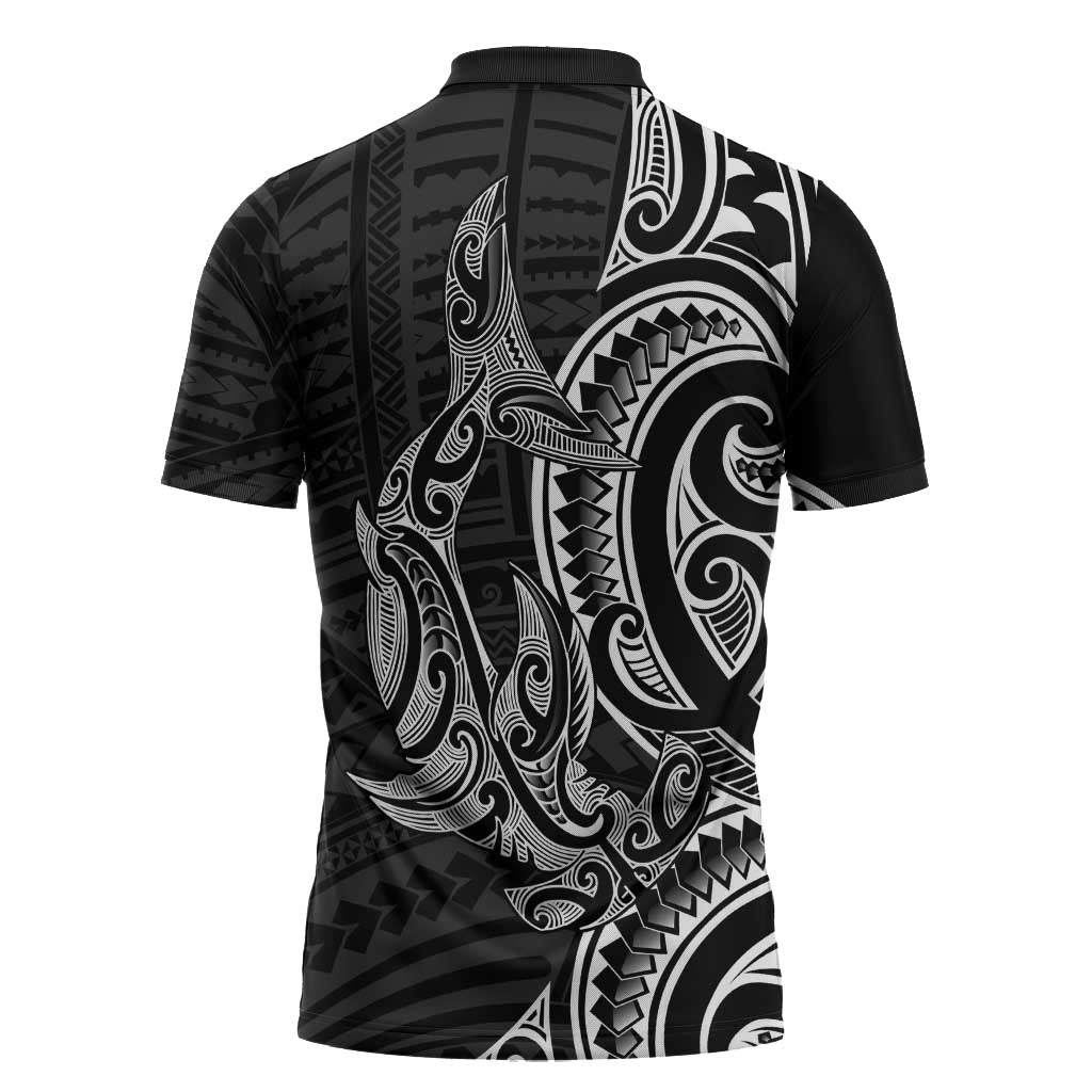New Zealand Hammerhead Shark Zipper Polo Shirt Maori Haehae Mangopare Black - Aussie Hoodie
