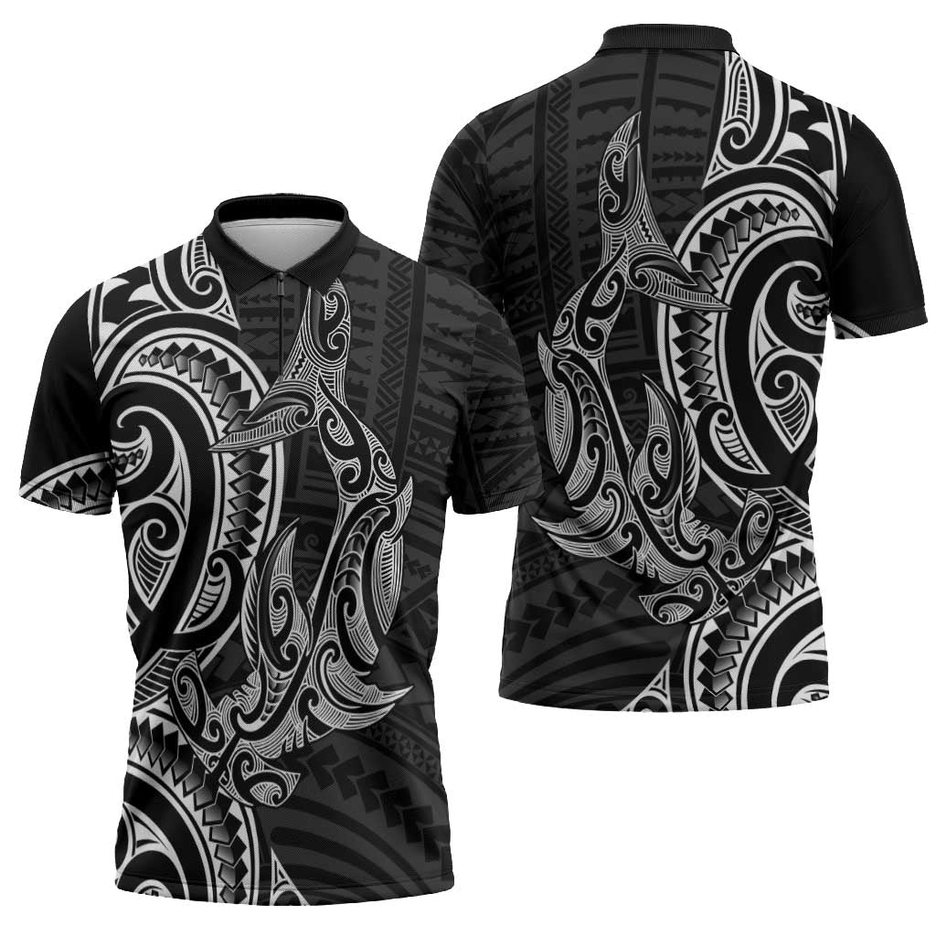 New Zealand Hammerhead Shark Zipper Polo Shirt Maori Haehae Mangopare Black - Aussie Hoodie