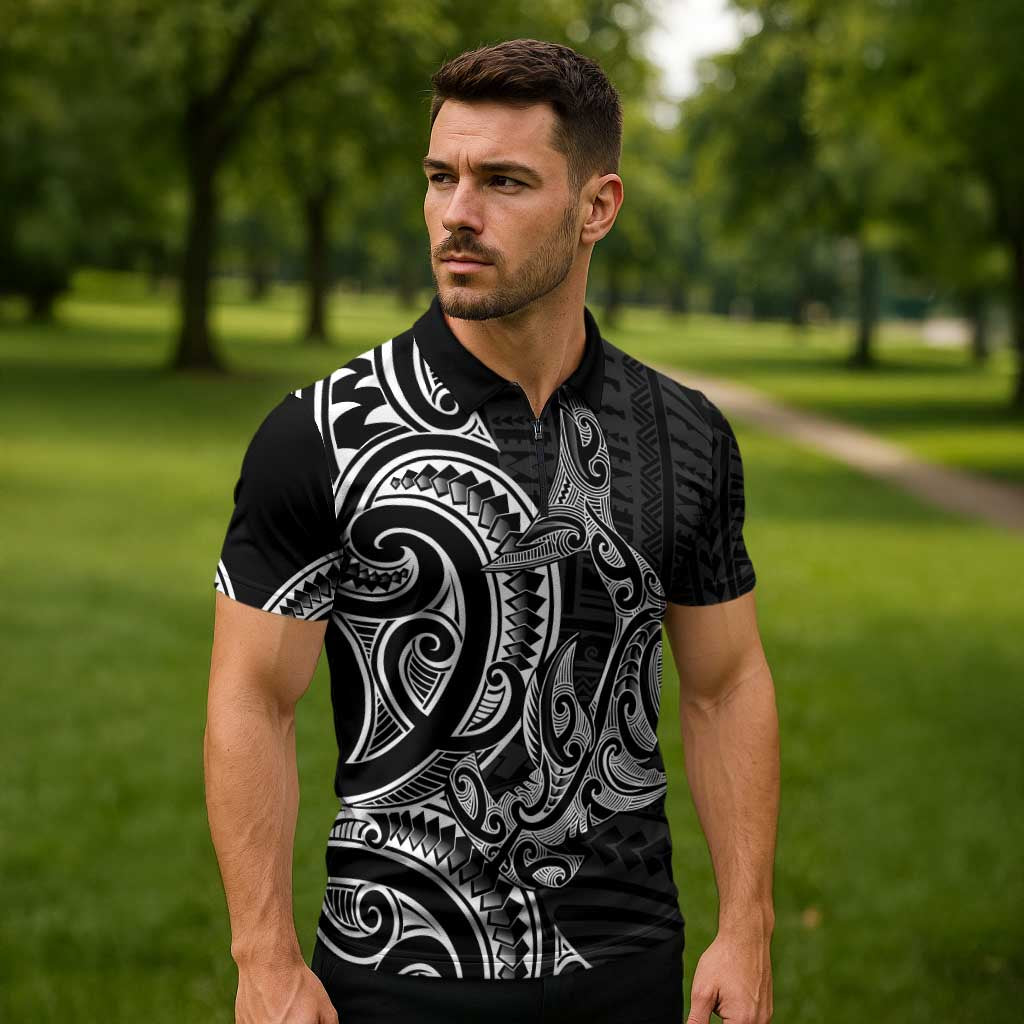 New Zealand Hammerhead Shark Zipper Polo Shirt Maori Haehae Mangopare Black - Aussie Hoodie