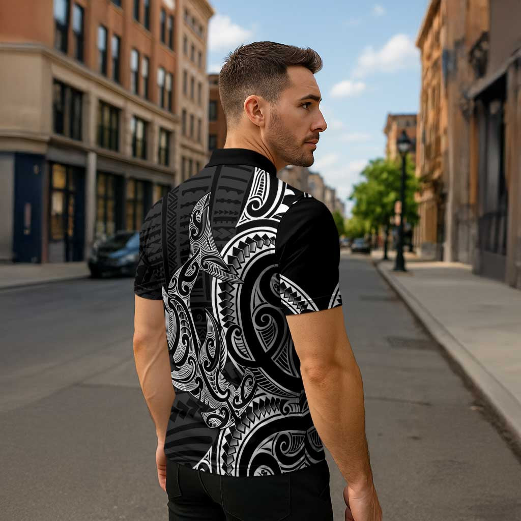 New Zealand Hammerhead Shark Zipper Polo Shirt Maori Haehae Mangopare Black - Aussie Hoodie