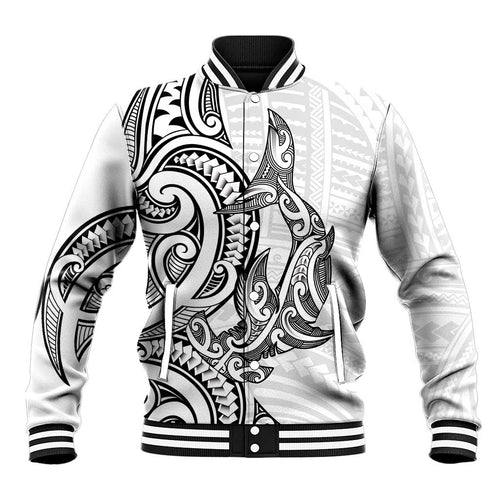New Zealand Hammerhead Shark Baseball Jacket Maori Haehae Mangopare White - Aussie Hoodie