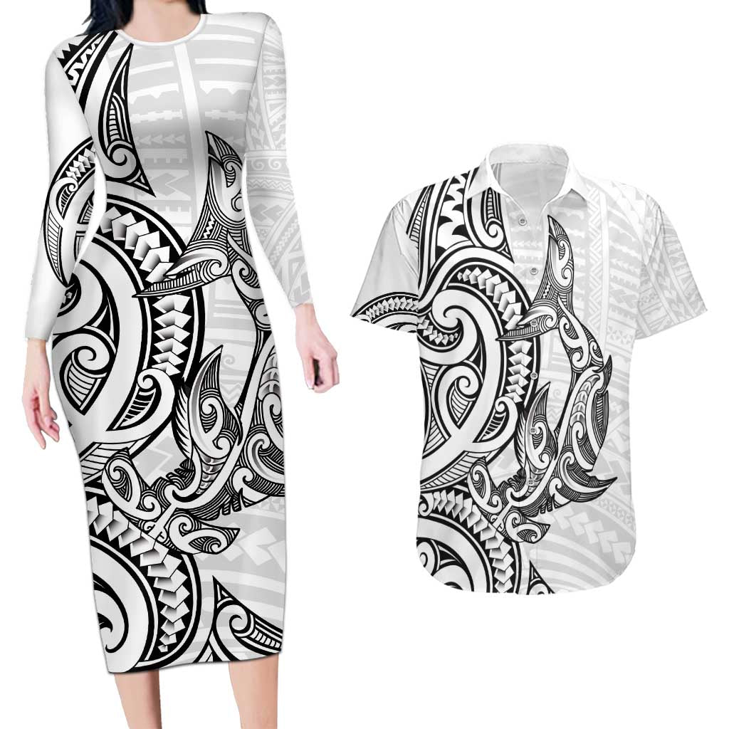 New Zealand Hammerhead Shark Couples Matching Long Sleeve Bodycon Dress and Hawaiian Shirt Maori Haehae Mangopare White - Aussie Hoodie