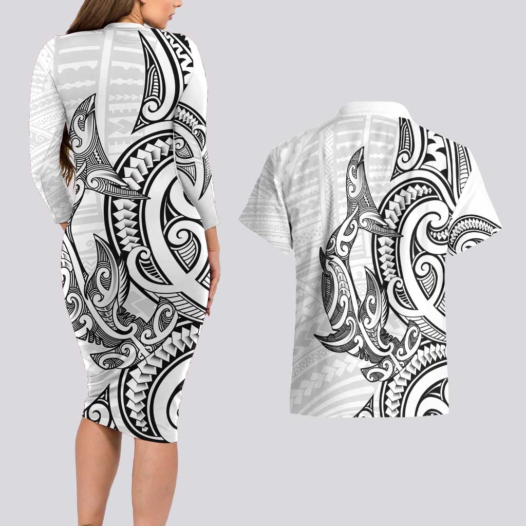 New Zealand Hammerhead Shark Couples Matching Long Sleeve Bodycon Dress and Hawaiian Shirt Maori Haehae Mangopare White - Aussie Hoodie