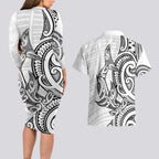 New Zealand Hammerhead Shark Couples Matching Long Sleeve Bodycon Dress and Hawaiian Shirt Maori Haehae Mangopare White - Aussie Hoodie