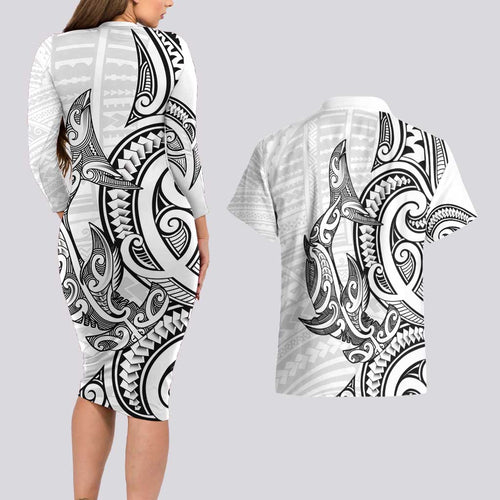 New Zealand Hammerhead Shark Couples Matching Long Sleeve Bodycon Dress and Hawaiian Shirt Maori Haehae Mangopare White - Aussie Hoodie