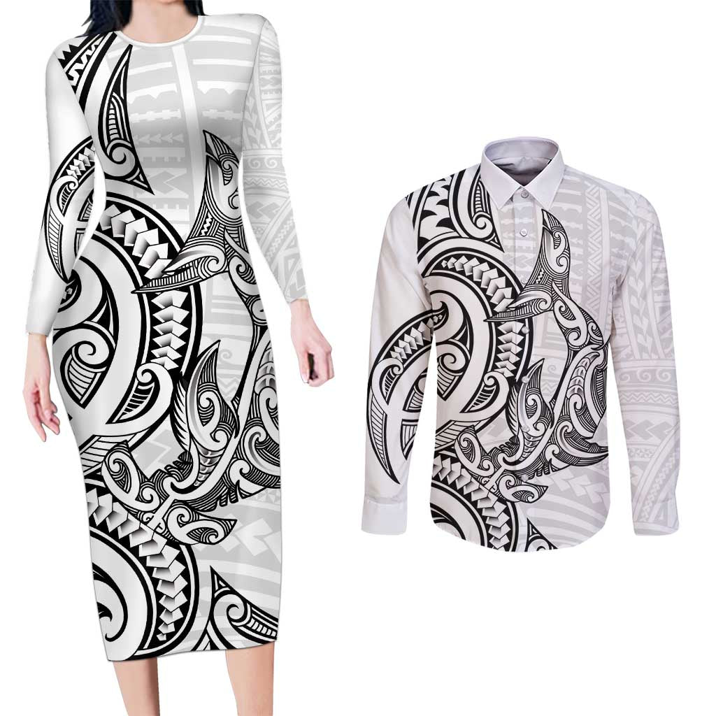 New Zealand Hammerhead Shark Couples Matching Long Sleeve Bodycon Dress and Long Sleeve Button Shirt Maori Haehae Mangopare White - Aussie Hoodie