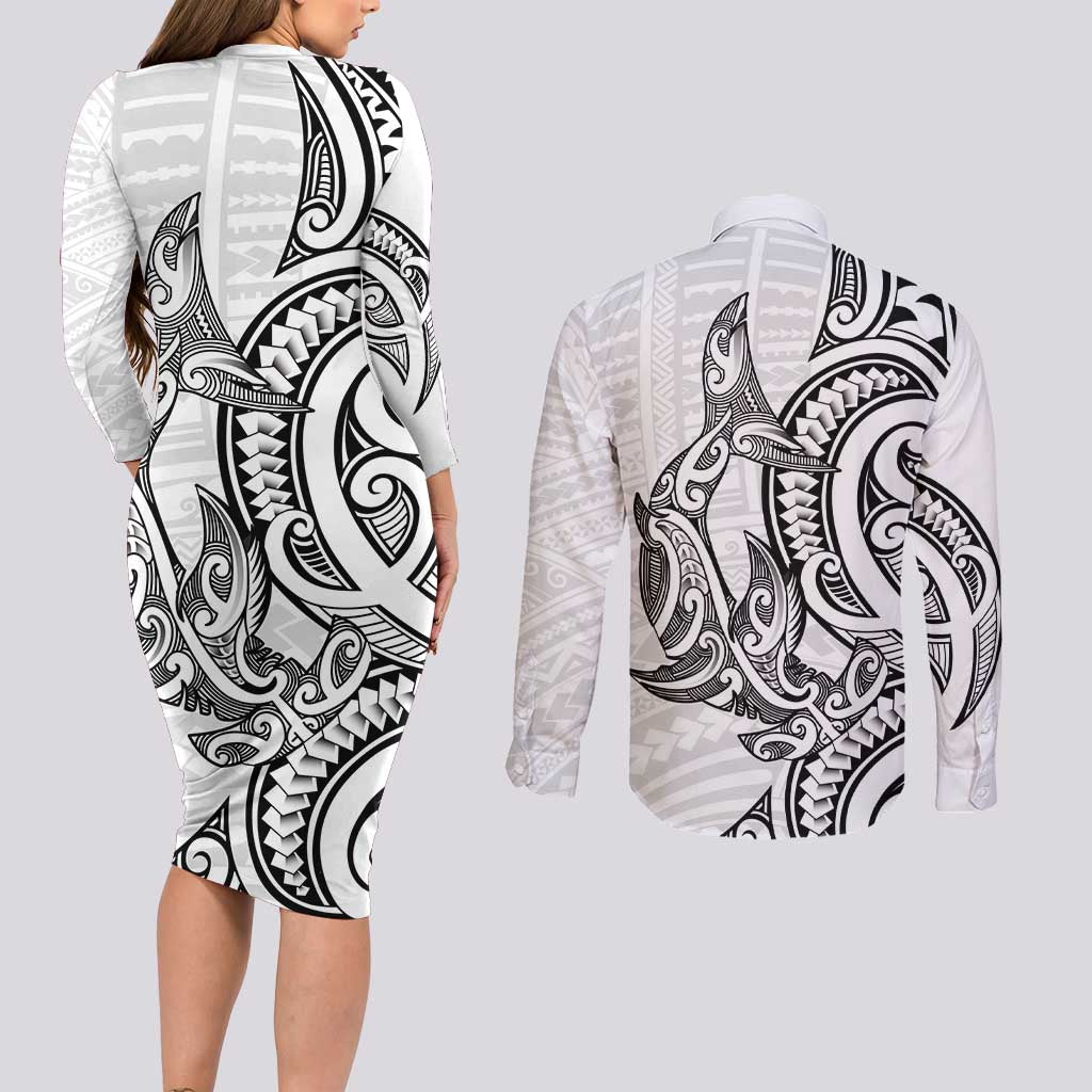 New Zealand Hammerhead Shark Couples Matching Long Sleeve Bodycon Dress and Long Sleeve Button Shirt Maori Haehae Mangopare White - Aussie Hoodie