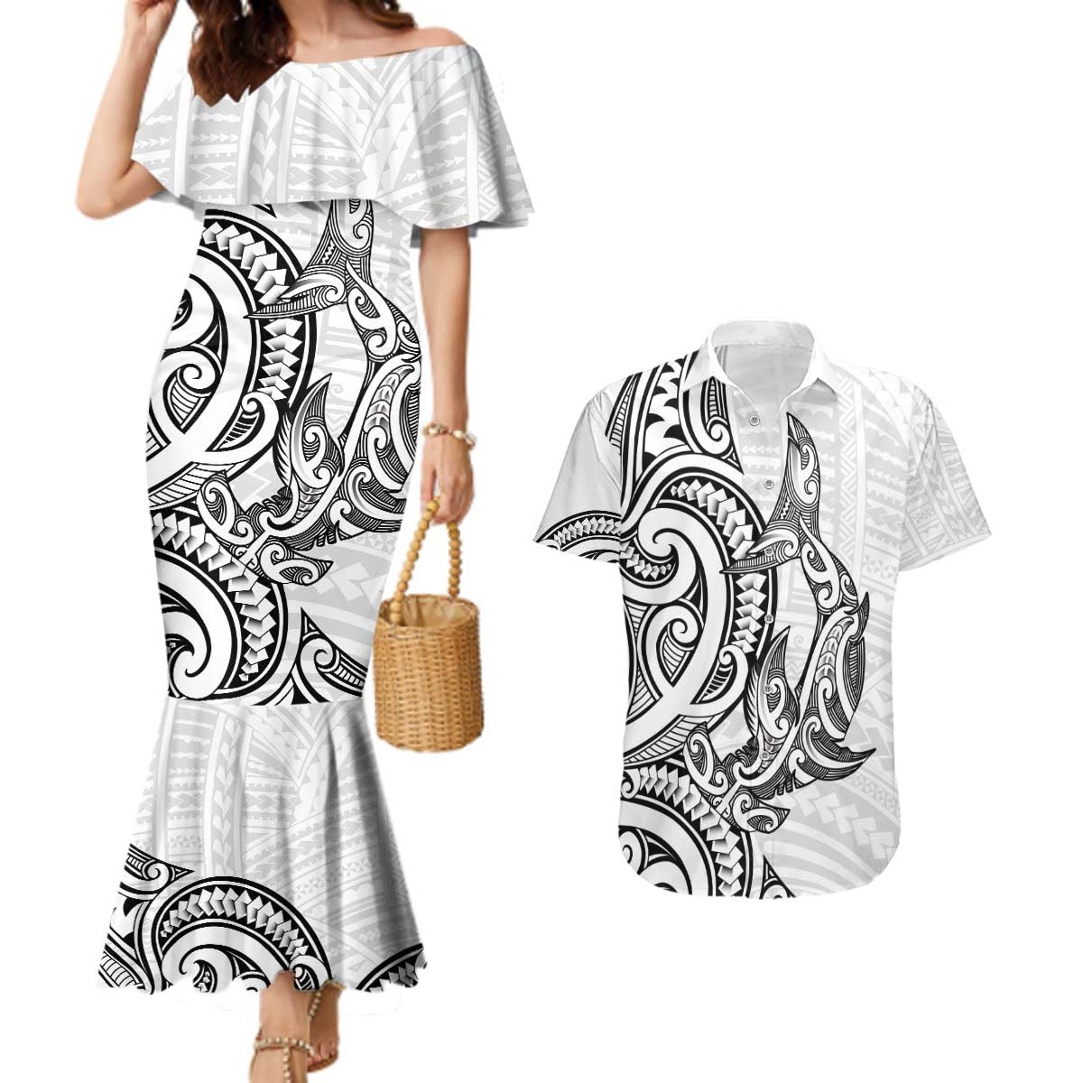 New Zealand Hammerhead Shark Couples Matching Mermaid Dress and Hawaiian Shirt Maori Haehae Mangopare White - Aussie Hoodie