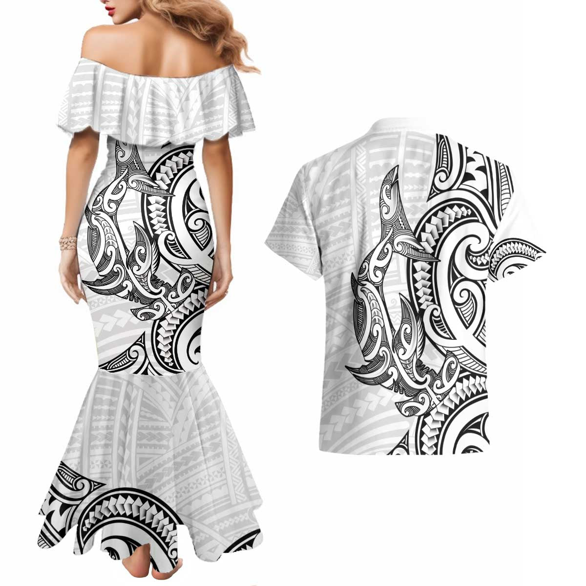 New Zealand Hammerhead Shark Couples Matching Mermaid Dress and Hawaiian Shirt Maori Haehae Mangopare White - Aussie Hoodie