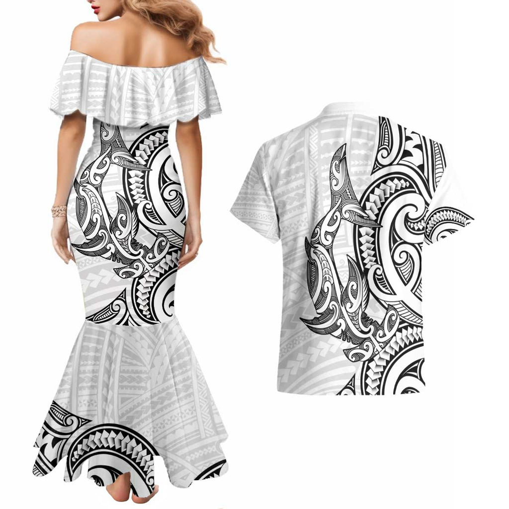 New Zealand Hammerhead Shark Couples Matching Mermaid Dress and Hawaiian Shirt Maori Haehae Mangopare White - Aussie Hoodie