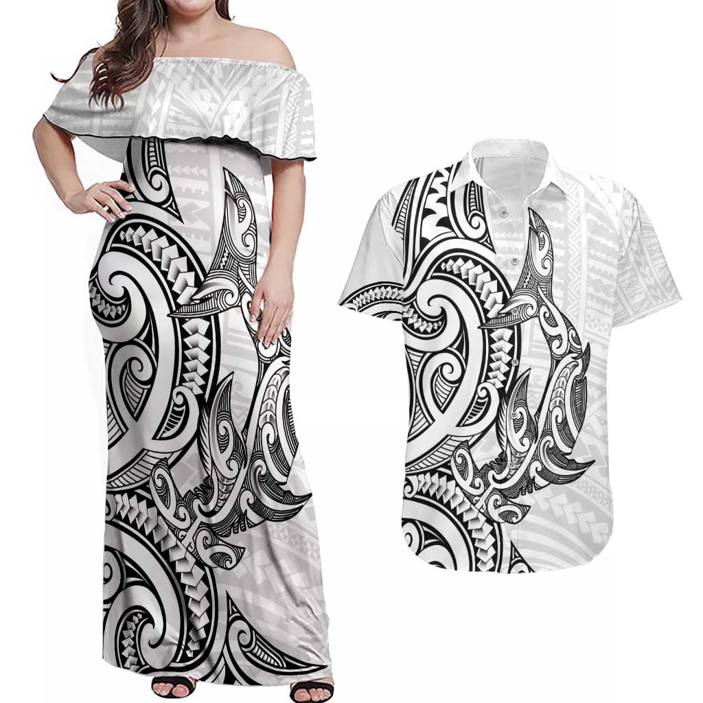 New Zealand Hammerhead Shark Couples Matching Off Shoulder Maxi Dress and Hawaiian Shirt Maori Haehae Mangopare White - Aussie Hoodie