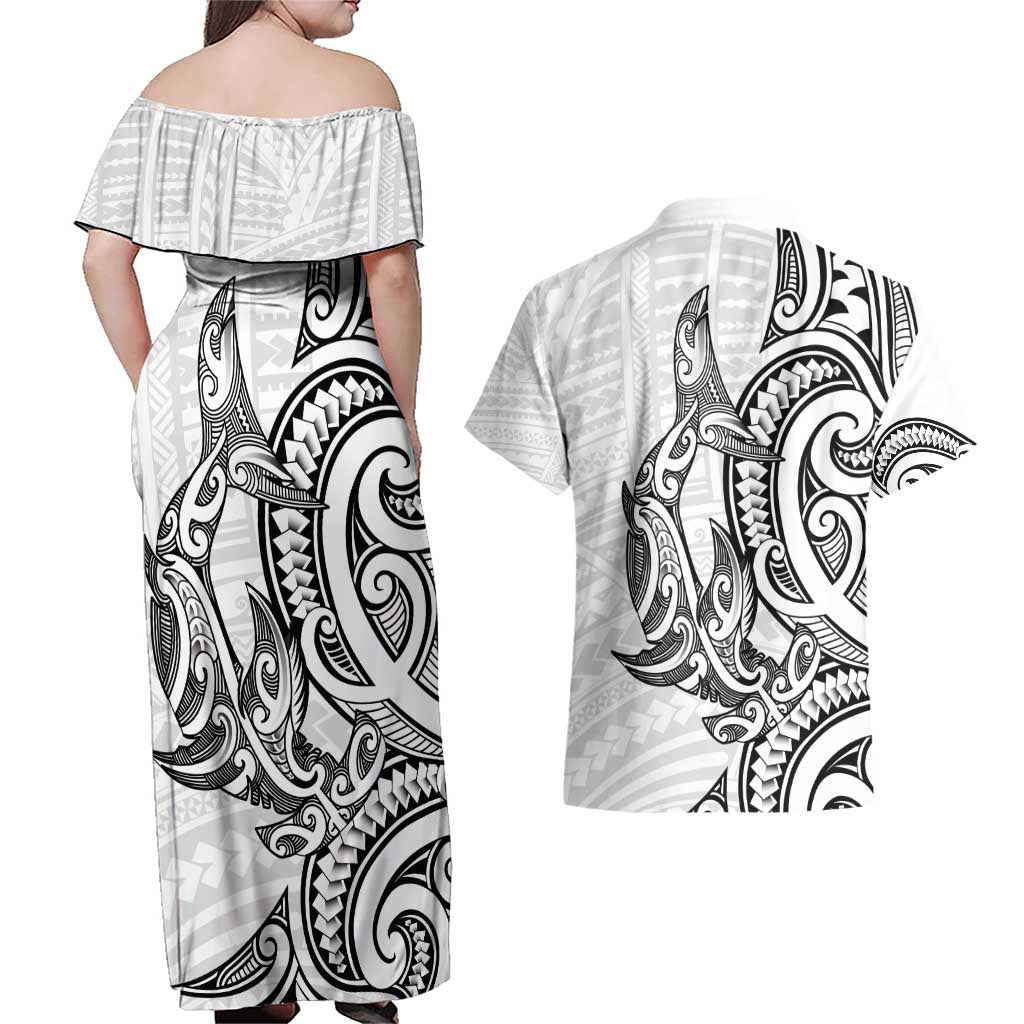 New Zealand Hammerhead Shark Couples Matching Off Shoulder Maxi Dress and Hawaiian Shirt Maori Haehae Mangopare White - Aussie Hoodie