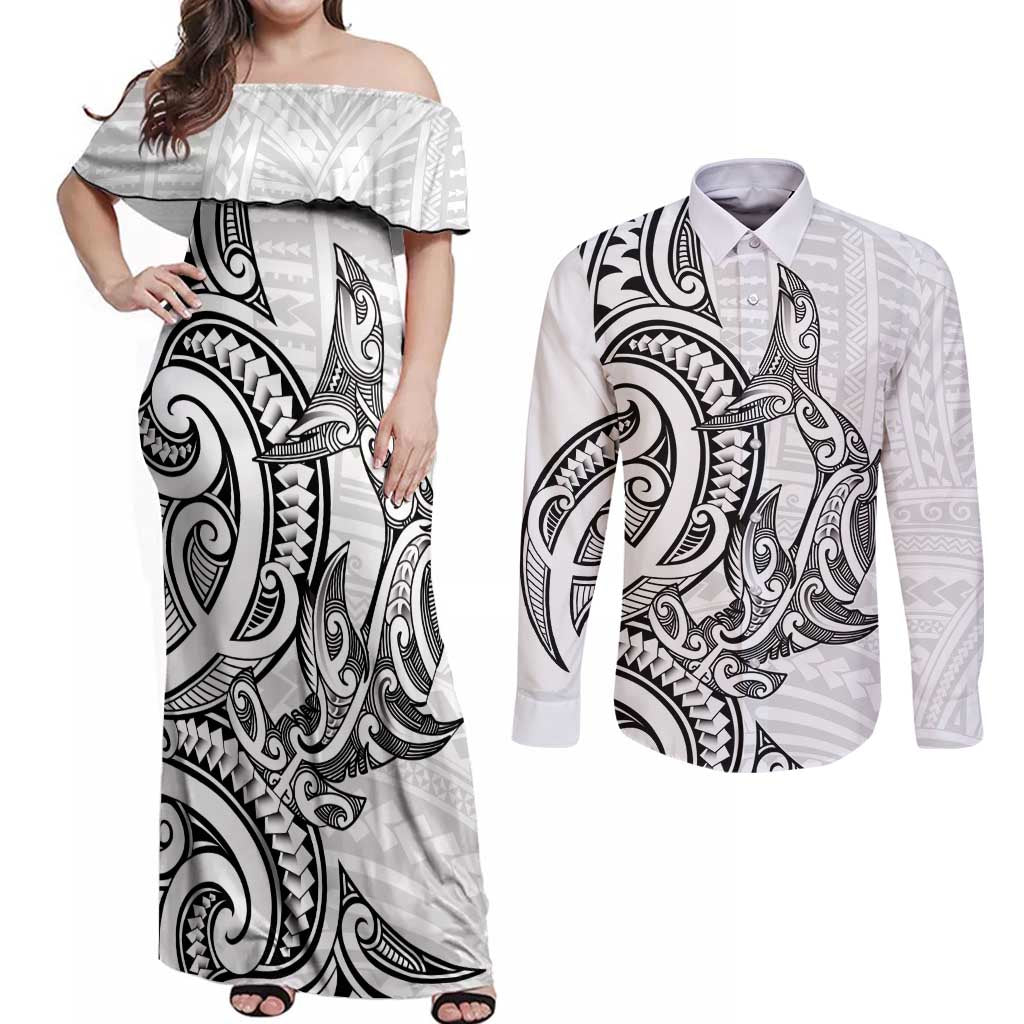New Zealand Hammerhead Shark Couples Matching Off Shoulder Maxi Dress and Long Sleeve Button Shirt Maori Haehae Mangopare White - Aussie Hoodie